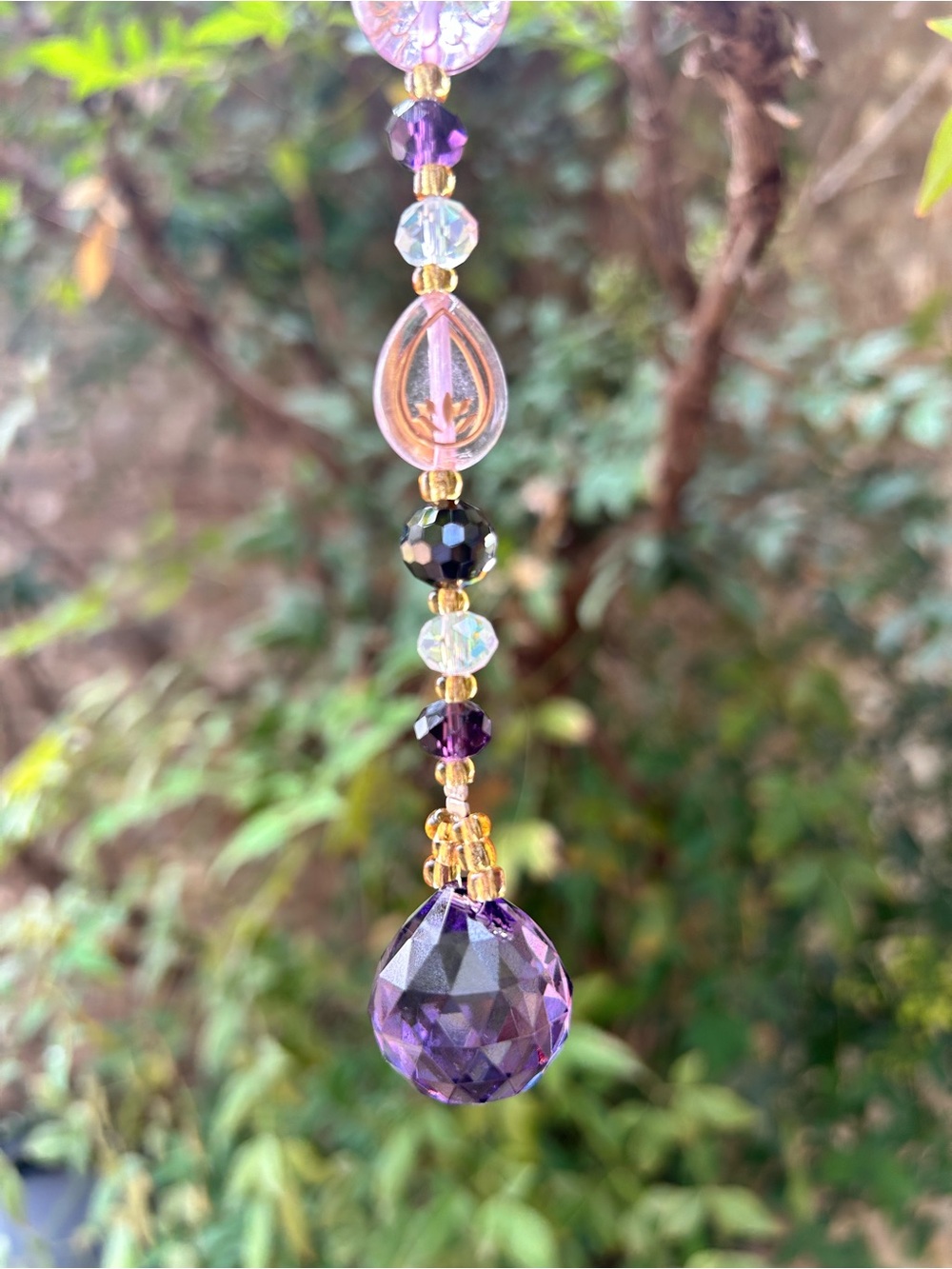 9.75” purple prism crystal beaded small suncatcher sun charm decor